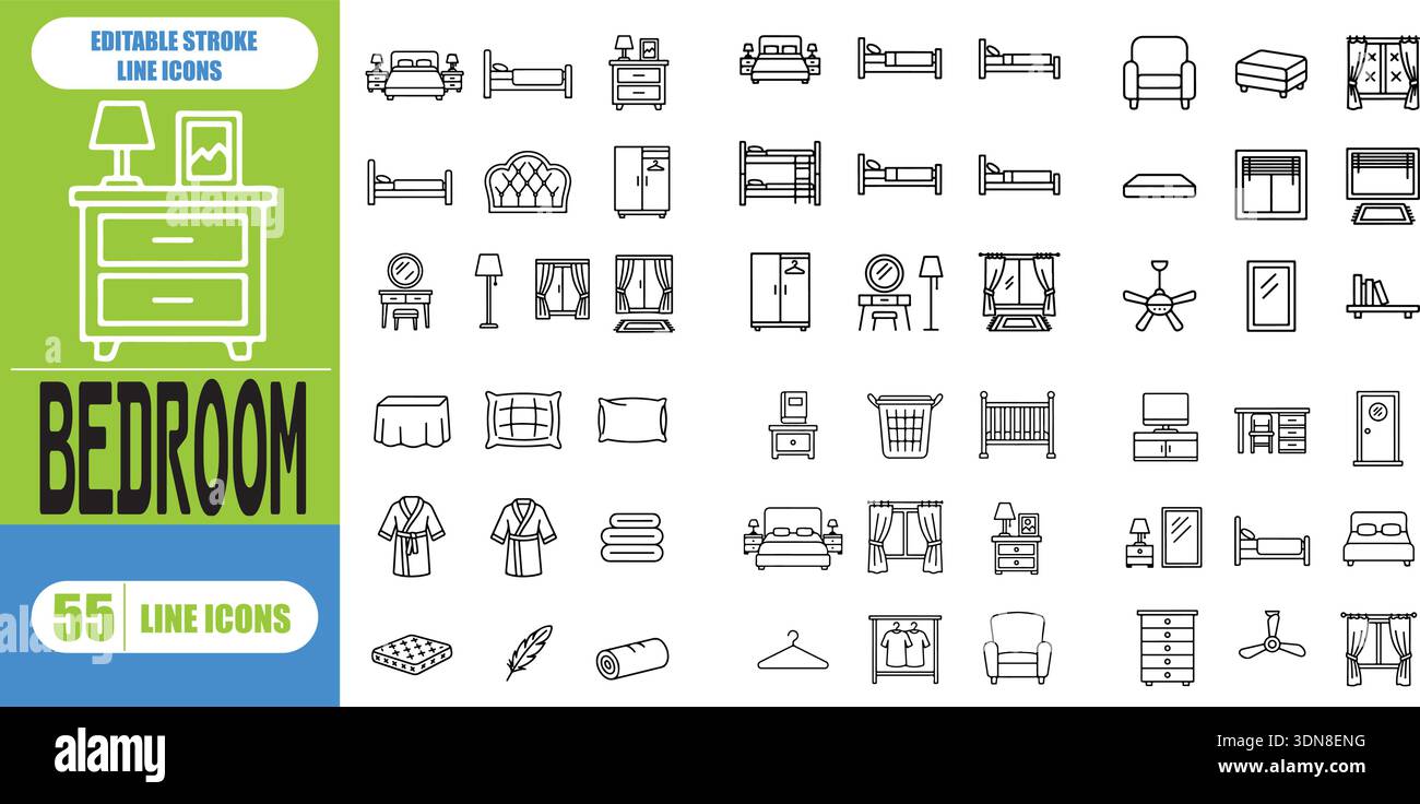 Schlafzimmer Line Icon Set für Innenraum, Schlafbereich, Möbel, Bett, Nachttisch, Lampe, Kleiderschrank, Gemütlicher Wohnbereich, Bearbeitbarer Strichvektor Stock Vektor