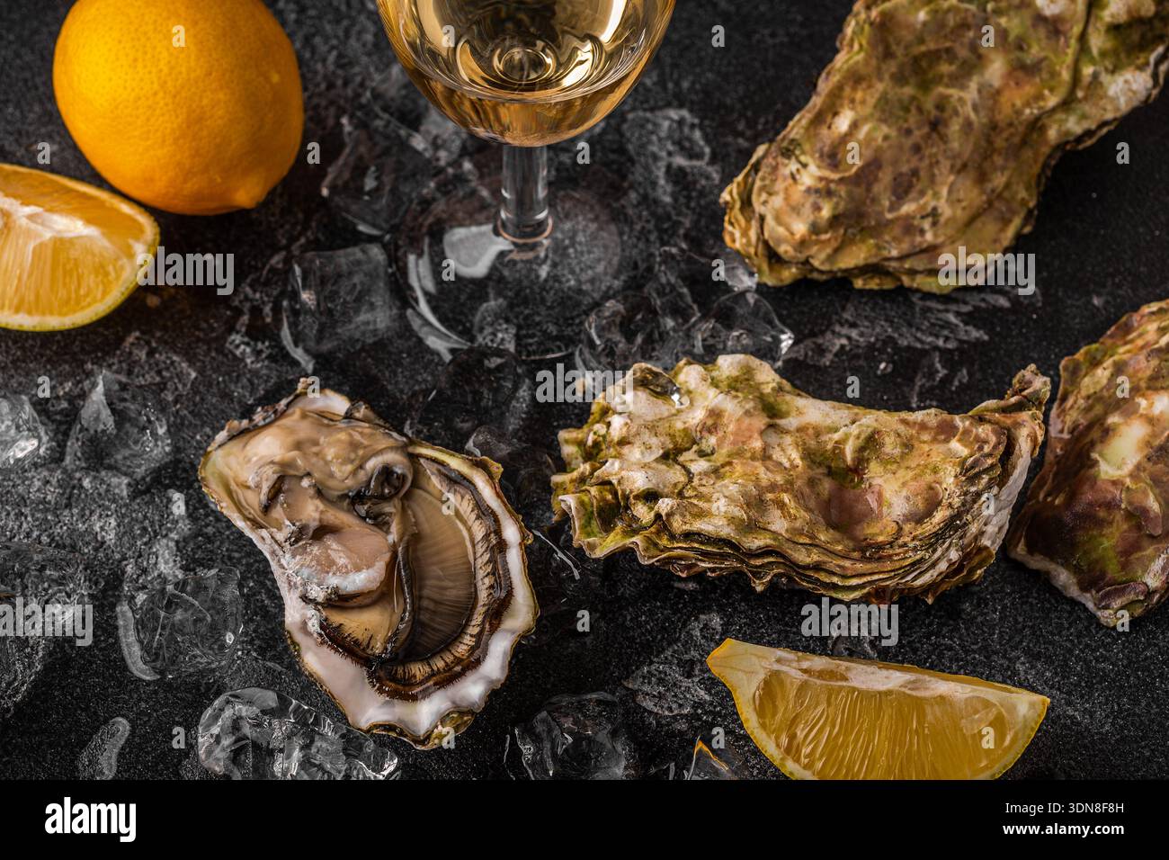 Frische Austern aus nächster Nähe auf Eis serviert mit Zitrone und Wein. Gesunde Meeresfrüchte, Gourmetgerichte. Stockfoto