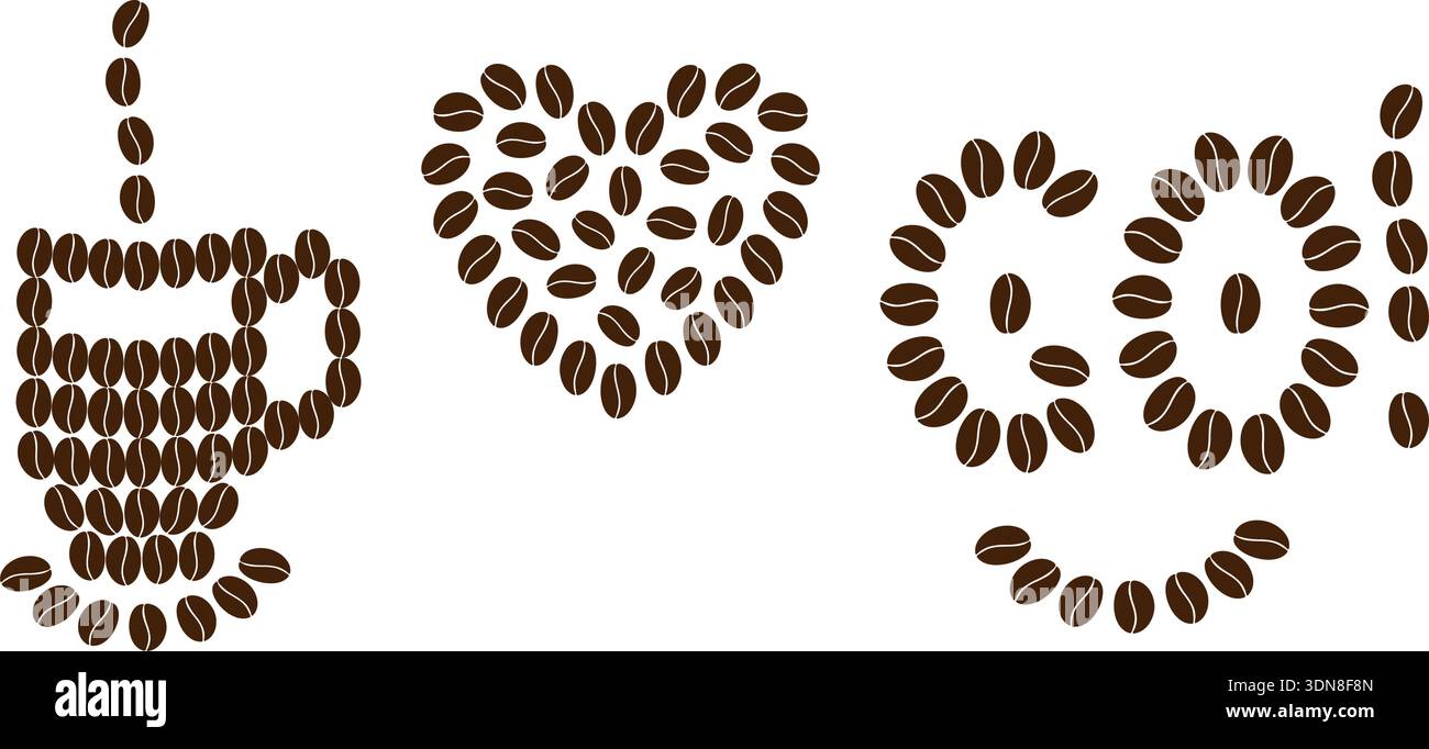 Kaffeebohnen machen Coffee Becher Herz und Buchstaben wie ein niedliches Smiley Face Flat Design Element Set. Isolierte Vektor Illustration Aufkleber Logo Kaffee Thema oder Motivation Karten, Etiketten, Faltblätter, Tag Stock Vektor