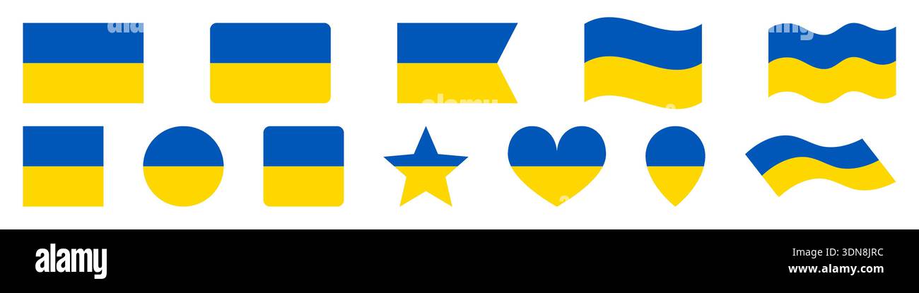 Ukraine Flaggensymbole gesetzt, Ukrainische Flagge gesetzt, Ukraine Flaggenvektorsymbole isoliert, ukrainische Flaggen Sammlung, rund, Quadrat, Herz, Stern, Stift Stock Vektor