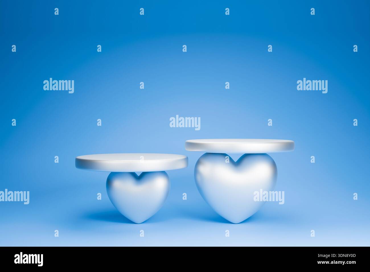 Zwei weiße Herzen auf blauem Podium auf blauem Hintergrund 3d Stockfoto