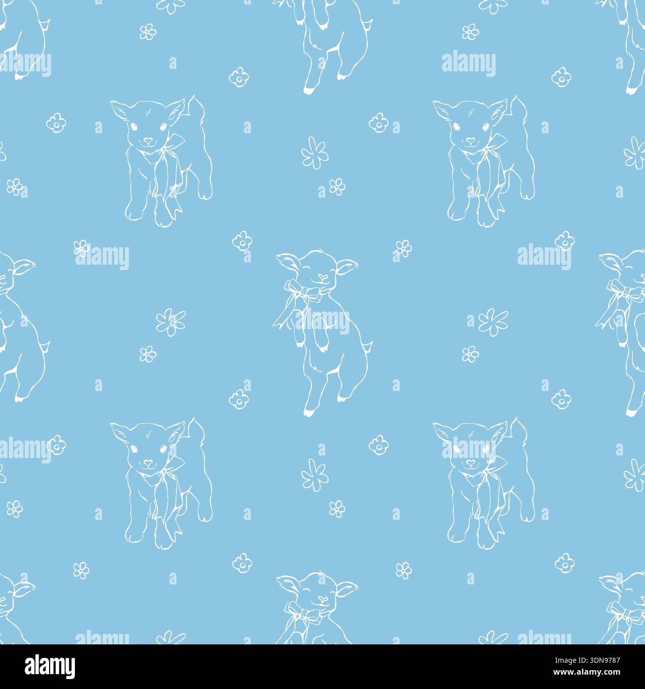 Nahtloses weißes und blaues Ostermuster mit süßen Ziegen und kleinen Wildblumen. Vintage-Frühlingsvektormuster mit Nutztieren. Weiße Vektorgrafik auf blauem Hintergrund. Stock Vektor