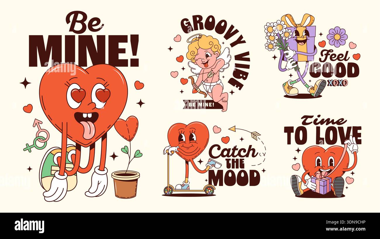 Groovige Valentinskräfte lieben Aufkleber mit Vektor y2k Herzen, Geschenk und Cupid. Groovige Maskottchen-Aufkleber im Retro-Stil mit Valentinstag-Herzen, romantische Geschenkbox mit Blumen und süßen Cupid-Engel Stock Vektor