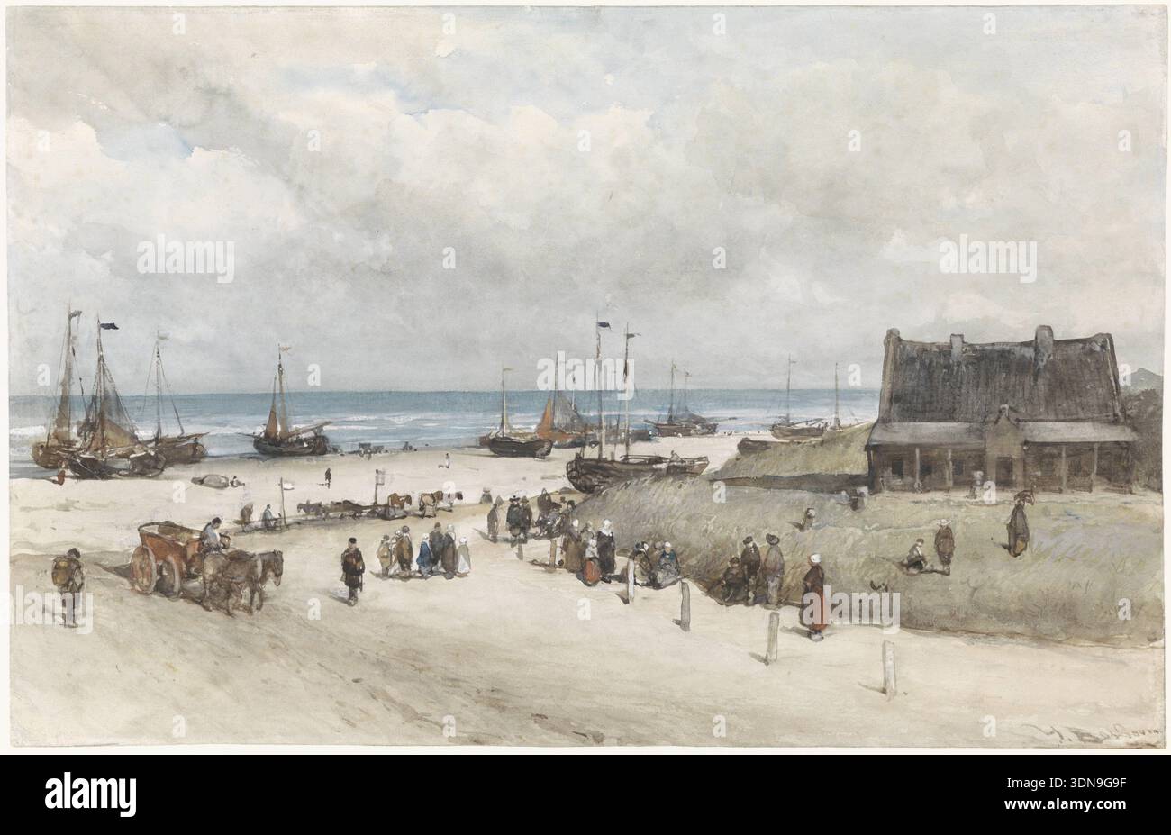 Historische Illustrationen mit dem Titel The Beach at Scheveningen, die Fischer, Dorfbewohner, Karren und Segelboote entlang der niederländischen Küste in der Nähe traditioneller Gebäude am Meer zeigen. Gezeichnet von Johannes Bosboom 1873. Stockfoto