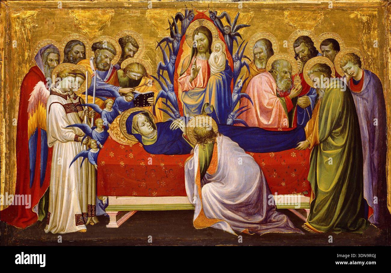 Der Tod der Jungfrau von Gherardo Starnina, 1405–10, Tempera auf der Tafel. Zentrale Szene mit dem Totenbett der Jungfrau Maria umgeben von Aposteln, Engeln und Trauerfiguren in einer architektonischen Umgebung mit Blattgold Stockfoto