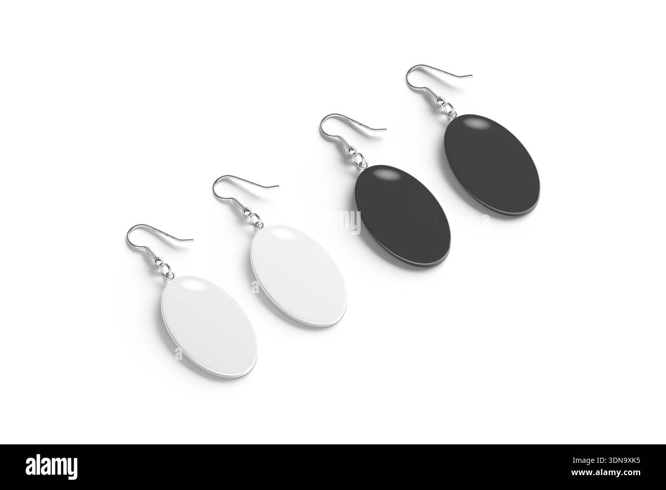 Leeres schwarzes und weißes Paar Ellipsenohrring-Modell liegend, isoliert, 3D-Rendering. Leeres elegantes rundes Zubehör für weibliche Ohren, Seitenansicht. Stockfoto