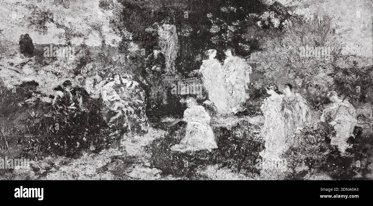 Die Prinzessinnen von Adolphe Joseph Thomas Monticelli, um 1870, Figuren in aufwendiger Kleidung, die sich in einem schattigen Garten oder einer Inneneinrichtung versammelt haben Stockfoto