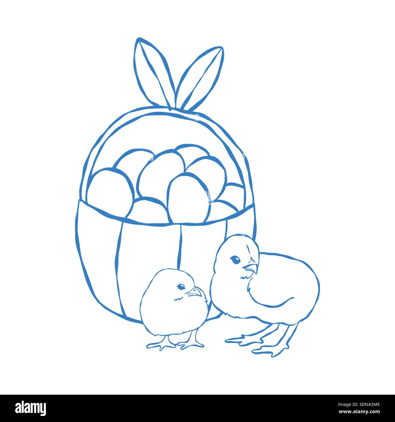 Ein Korb mit Ostereiern und zwei Küken. Eine umrissene Oster-Illustration. Eine Frühlingskomposition im Vintage-Stil. Handgezeichnet in Blau. Stock Vektor
