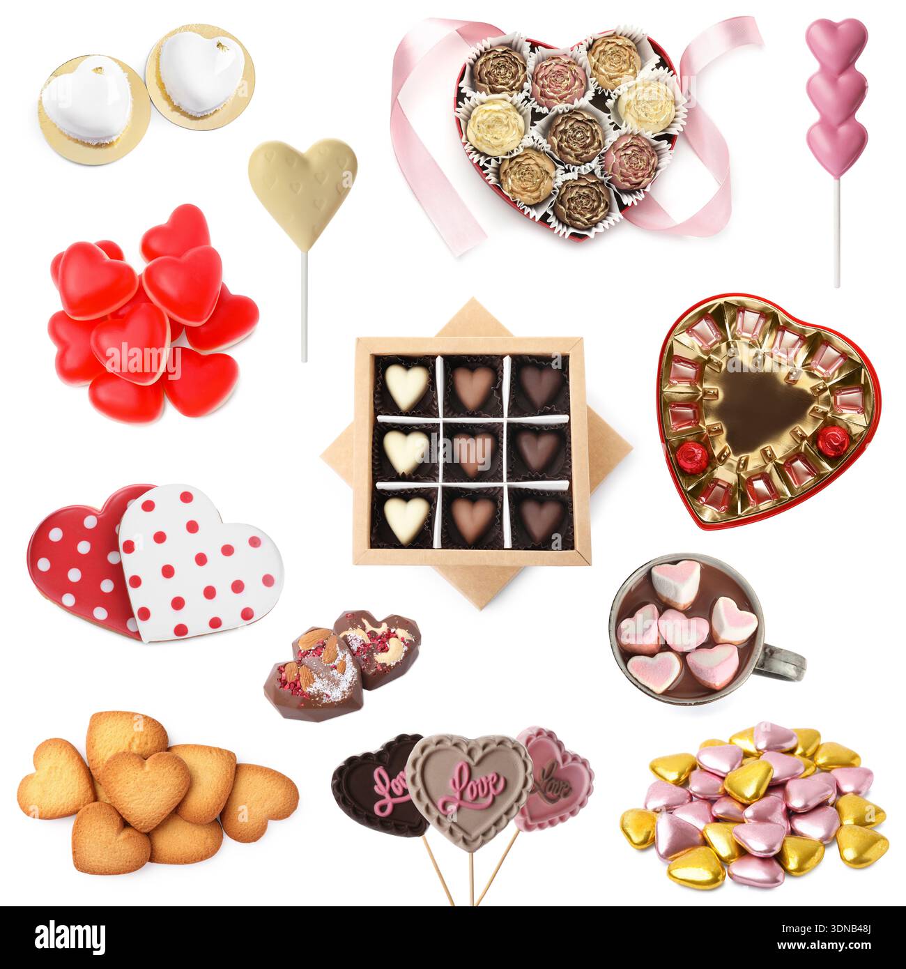 Herzförmige Süßigkeiten am Valentinstag isoliert auf weiß, Set Stockfoto