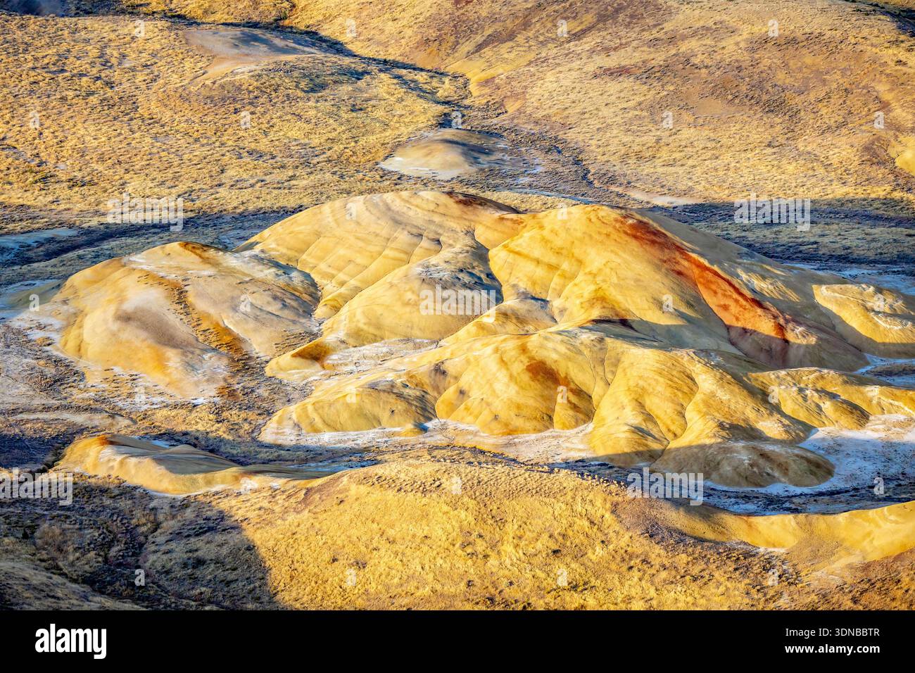 Lebendiger Panoramablick auf die leuchtenden roten, goldenen und schwarzen Schichten von Painted Hills von einem erhöhten Aussichtspunkt am John Day Fossil Beds National Monument bei Sonnenaufgang Stockfoto