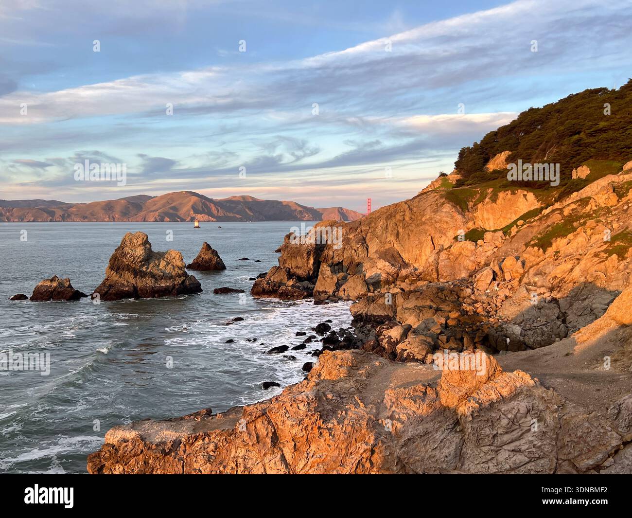Ein Turm der Golden Gate Bridge ist in der Entfernung hinter dem felsigen Ufer von Land's End zu sehen - Smartphone-aufgenommenes Stockfoto