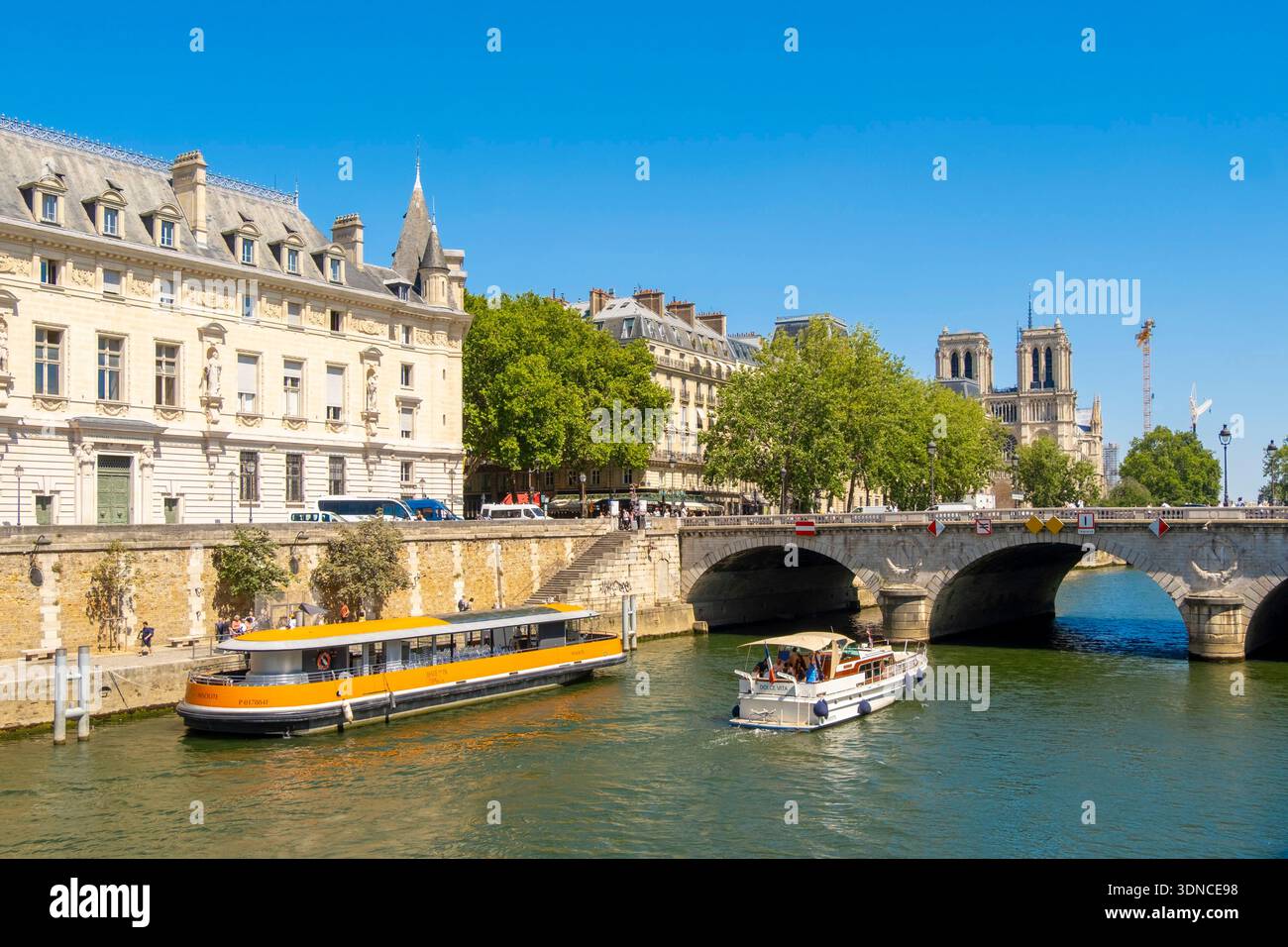 Frankreich, Paris, die Ufer der seine, die von der UNESCO zum Weltkulturerbe erklärt wurden, die Ile de la Cite, der hohe Gerichtshof, der Mietkahn, die Kathedrale Notre Dame Stockfoto
