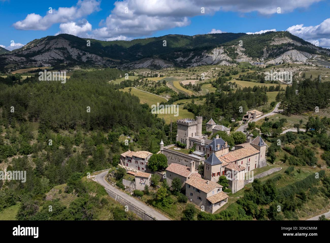 Frankreich, Drome, regionaler Naturpark Baronnies provencales, Aulan, Burg (12. Jahrhundert wiederaufgebaut 19. Jahrhundert) (aus der Vogelperspektive) Stockfoto