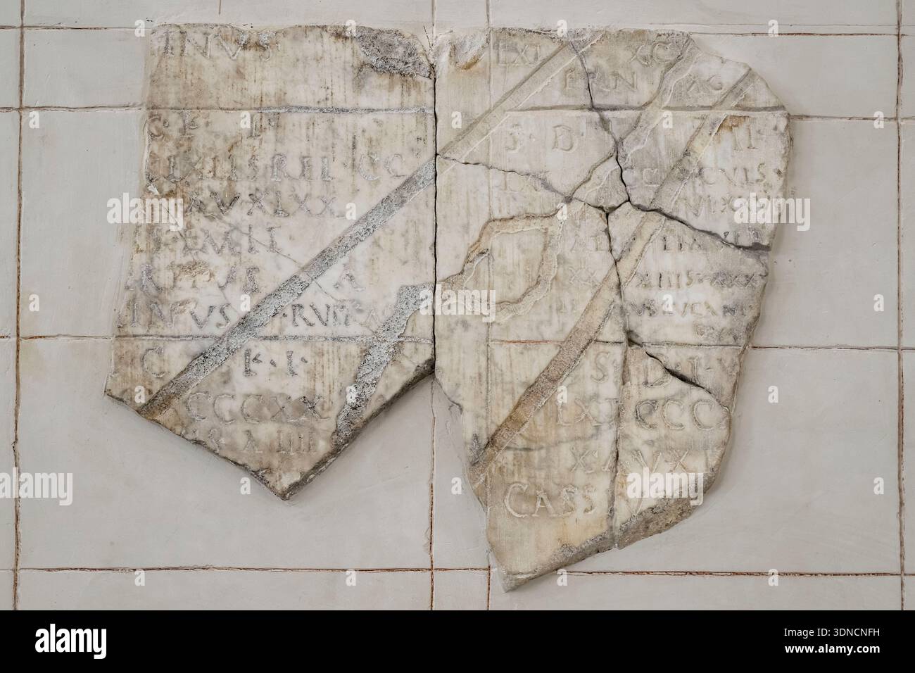 Frankreich, Vaucluse, Orange, das Kunst- und Geschichtsmuseum, Fragmente eines der drei Pläne des Orangener Grundbuchregisters, ein in Stein gemauertes Steuerverwaltungsinstrument, das auf Beschluss des Kaisers Vespasian geschaffen wurde, um auf dem Forum, der wahrscheinlichen Insel Barthelasse an der Rhone zwischen Beaucaire und Tarascon, ausgestellt zu werden, können wir auch die beiden römischen Straßen, die parallel zur Rhone an jedem Ufer der Rhone liegen, unterscheiden Stockfoto