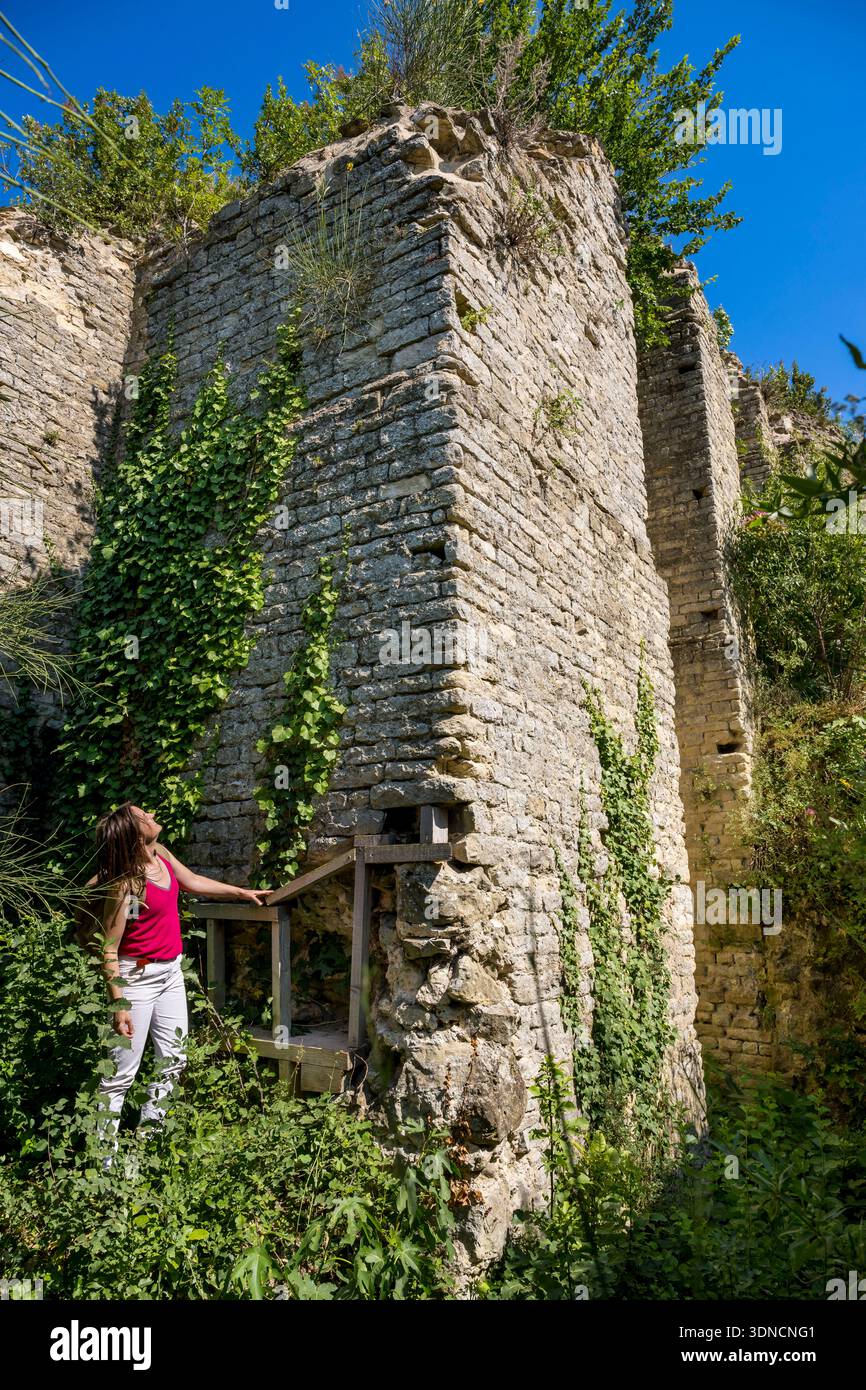 Frankreich, Vaucluse, Orange, römische Unterstützung des dritten Tempels der Kapitolinischen Triade auf der Spitze des heiligen Eutropa-Hügels, der von der UNESCO zum Weltkulturerbe erklärt wurde, erklärt vom Archäologen Anais Roumégous Stockfoto