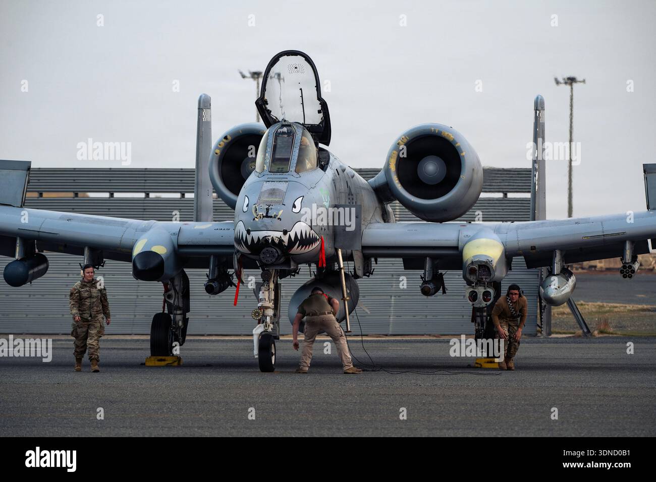 Die Besatzungsoberhäupter der US Air Force 75th Expeditionary Fighter Generation Squadron führen eine Inspektion nach dem Flug an einem A-10C Thunderbolt II-Flugzeug durch Stockfoto