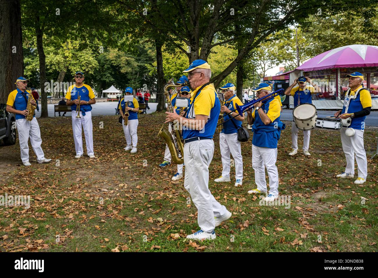 Frankreich, Nièvre, Nevers, La Bande Azur et or Orchester, Unterstützer der USON Nevers Rugby Stockfoto