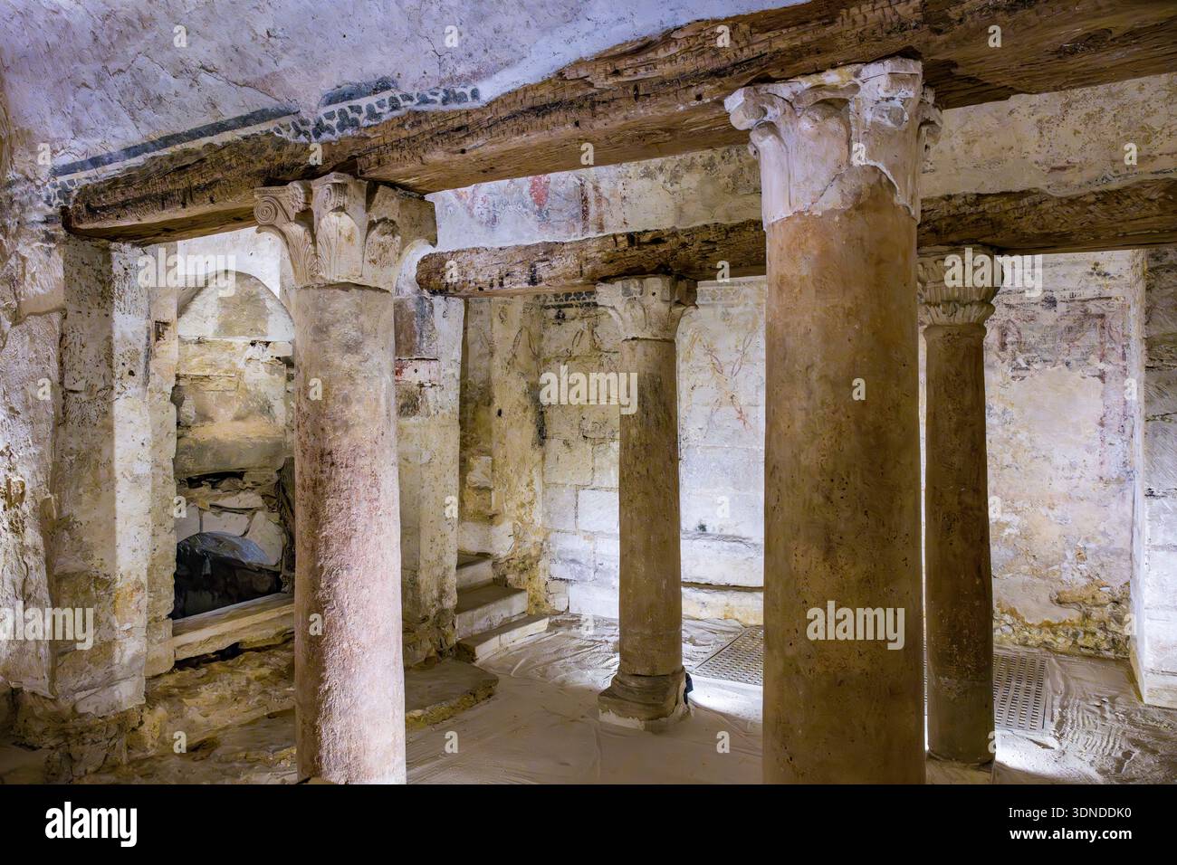 Frankreich, Yonne, Auxerre, Abteikirche Saint Germain, Bekenntnis in der Krypta, wiederverwendete galloromanische Marmorsäulen, die den Sarkophag von Germain umgeben, in dem Reste des Oratoriums aus dem 5. Jahrhundert Stockfoto