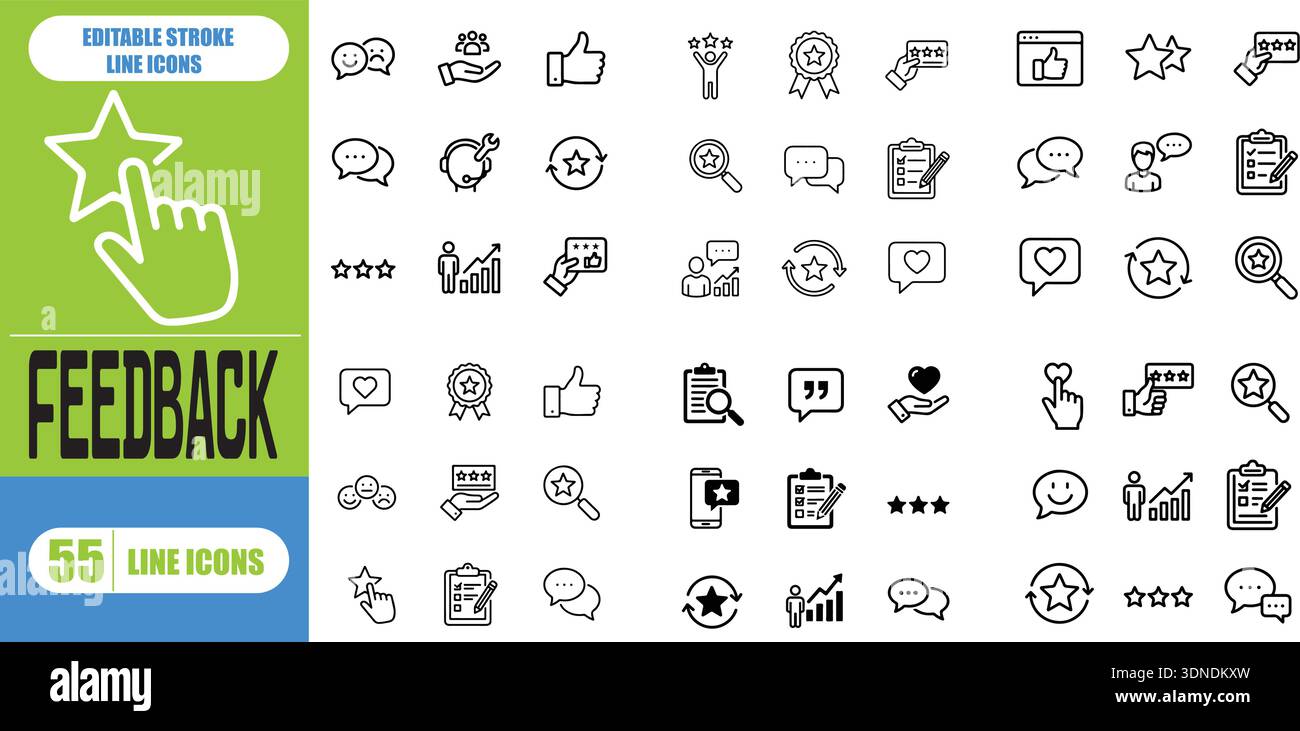 Symbolsatz für Feedback-Zeile für Kundenmeinung, Umfrage, Fragebogen, Kundenzufriedenheit, Kommentar, Prüfung, Leistungsbewertung, Editierbarer Konturvektor Stock Vektor