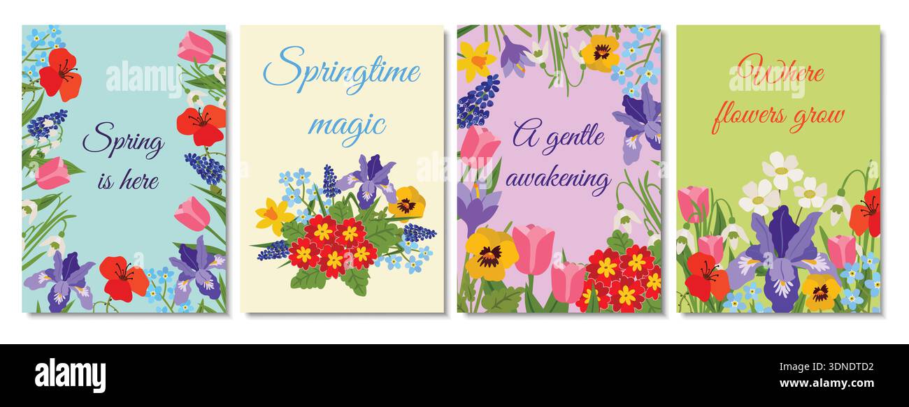 Set aus vier vertikalen Grußkarten oder Postern mit Blumenrand und Blumensträußen. Iris, Tulpen, Mohn und Stiefmütterchen mit saisonalem Qu Stock Vektor