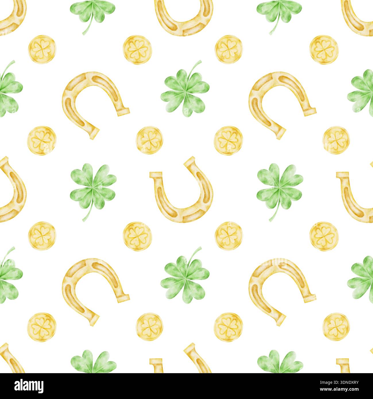 Gelbe Hufeisen, grüne Klee und Goldmünzen in hellen Tönen angeordnet, nahtloses Muster mit Aquarellabbildungen, handgezeichnet für St. Patricks Day Anwendungen wie Stoffdruck, Einladungen Stockfoto