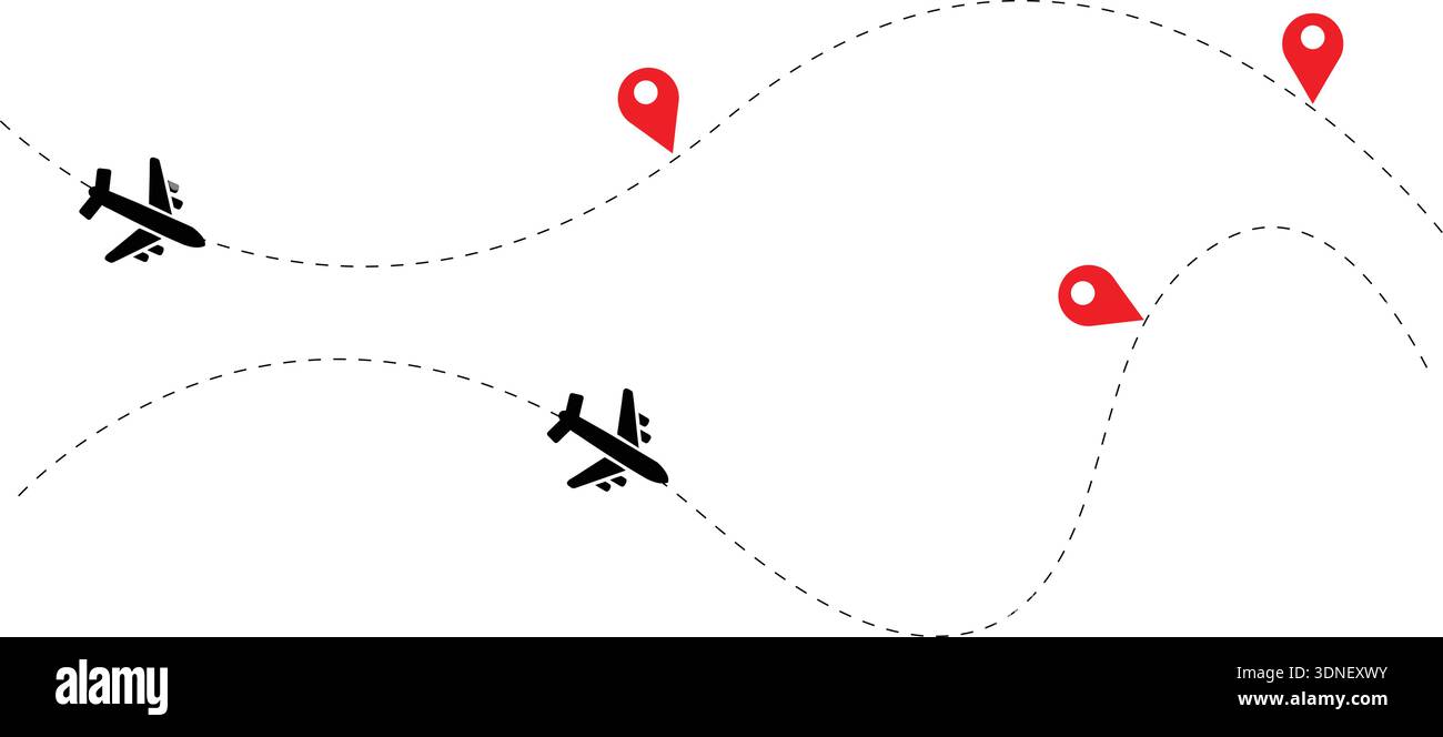 Abbildung der Flugstrecke mit Zielpins, die für die Reiseplanung und Navigation verwendet werden Stock Vektor