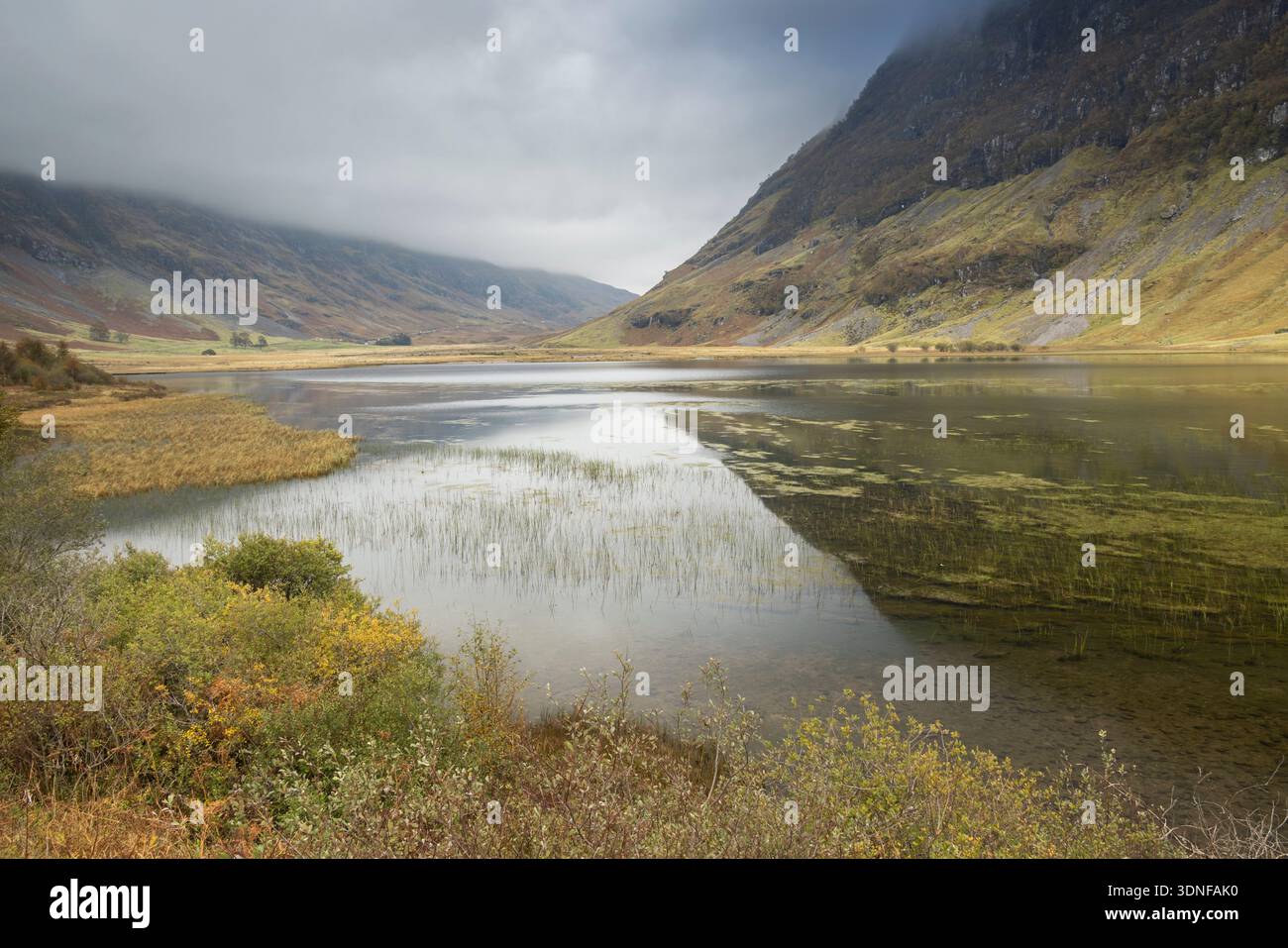 Loch Achtriochtan und Glencoe Valley in den Highlands, Schottland. Herbst (Oktober) 2025. Stockfoto