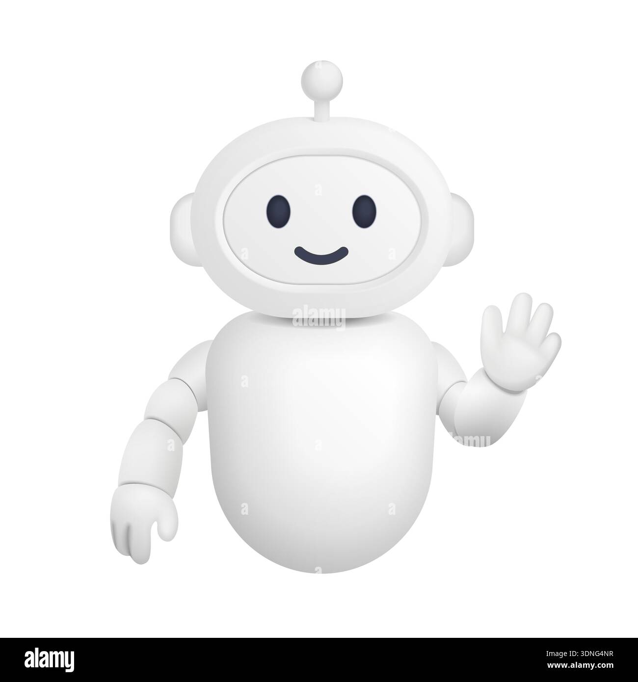 Freundlicher 3D-Chatbot-Maskottchen mit einem lächelnden Gesicht und einer winkenden Hand, entwickelt für Technologie, Kundensupport und KI-Konzepte, isoliert auf weißem Hintergrund Vektorillustration Stock Vektor