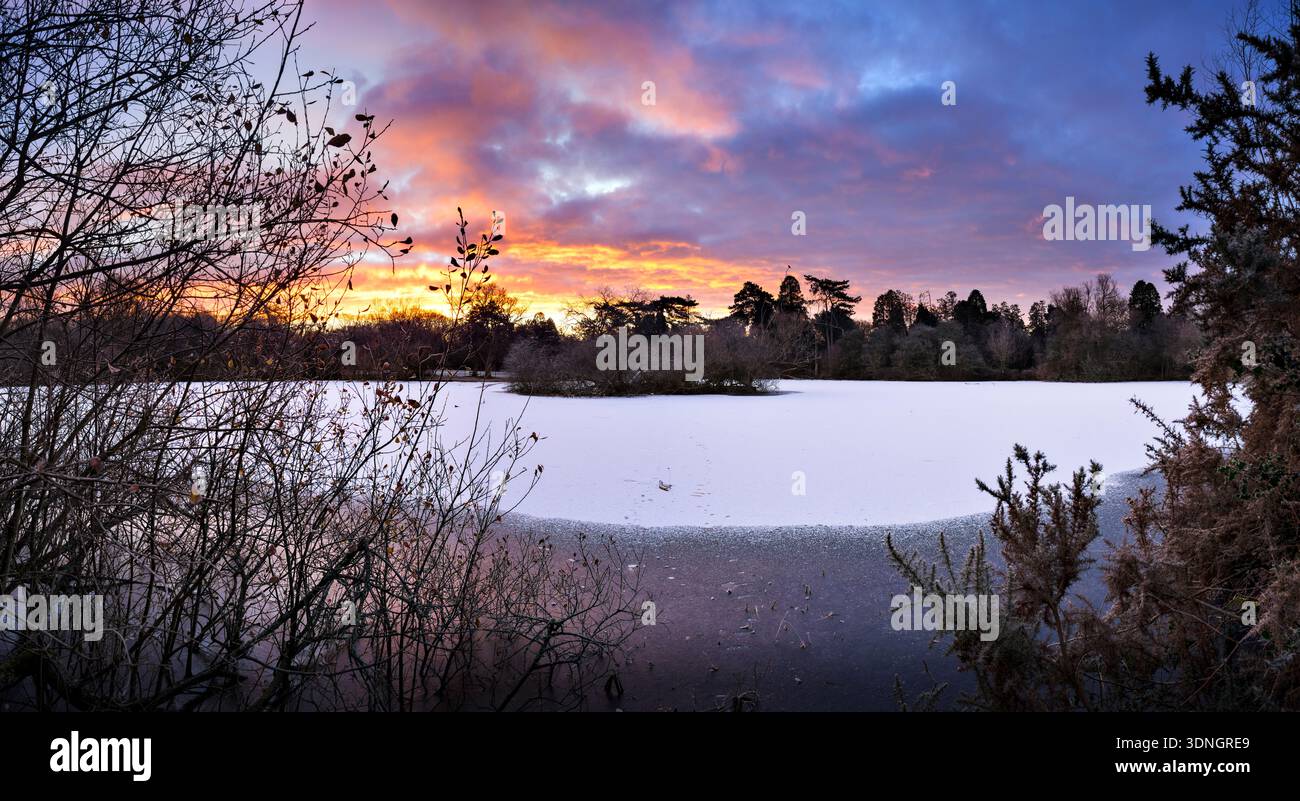 Sonnenaufgang über dem gefrorenen Cemetery Lake am Southampton Common im Winter Stockfoto
