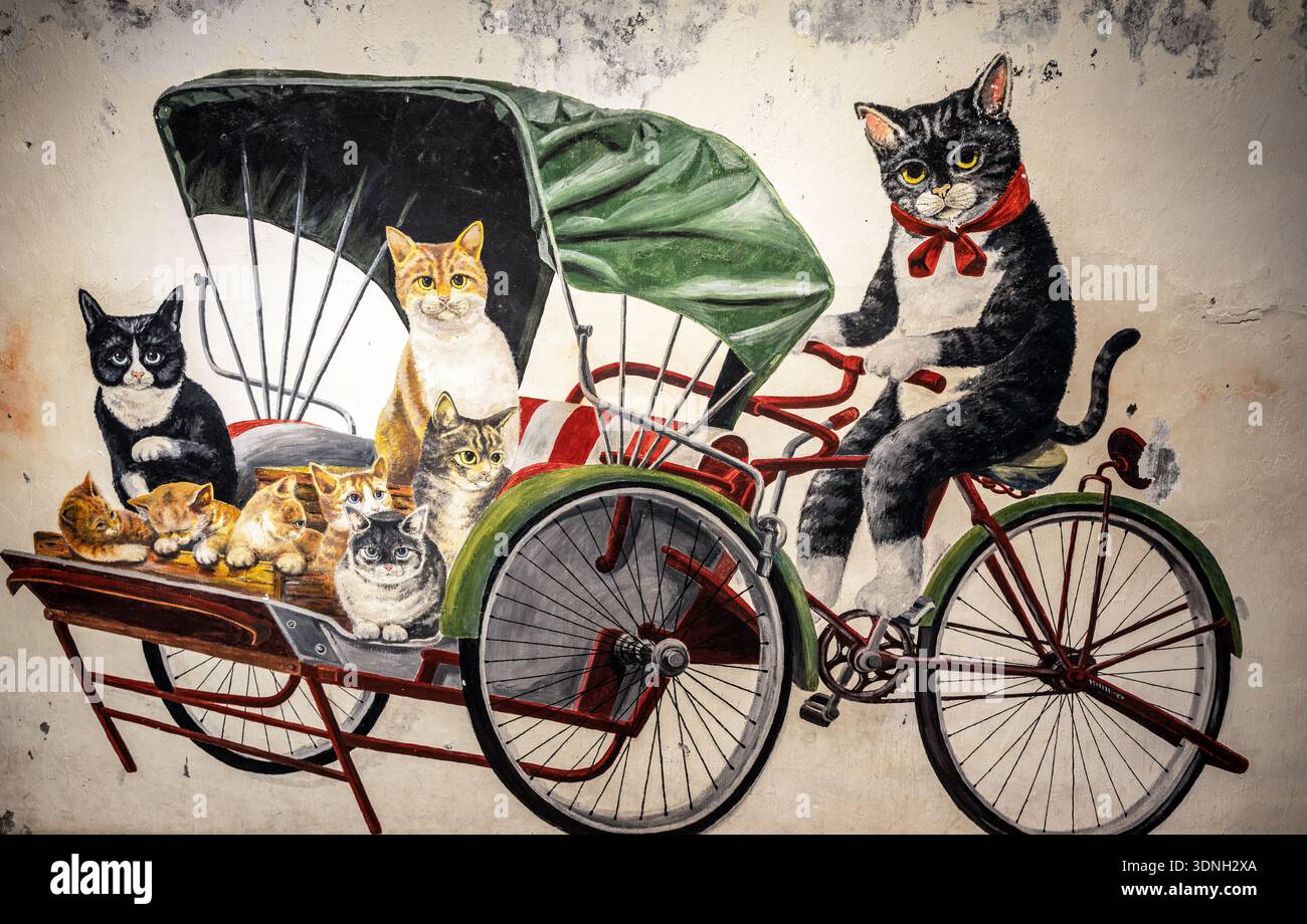 Cat Rikscha Cat Street Art Penang Malaysia Stockfoto