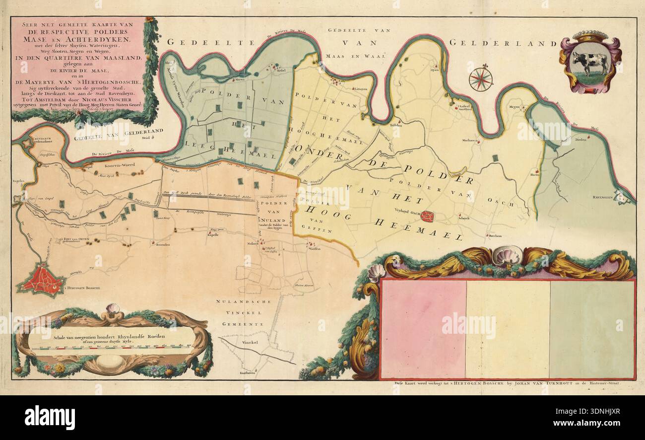 Karte der jeweiligen Polder Mase und Achterdyken mit ihren Schleusen, Wasserstraßen, Gräben, Gassen und Straßen, im Bezirk Maasland, am Fluss Mase gelegen, und in der Mayerye of's Hertogenbossche, die sich von der Stadt entlang des Dieskant bis zur Stadt Ravensteyn um die 1720er Jahre erstreckt -- Vintage Karte des 17. Jahrhunderts veröffentlicht und gedruckt von Petrus Schenk Stockfoto