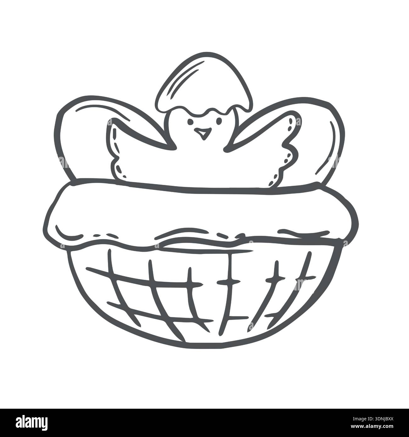 Küken mit Eiern in Nestvektorgrafik-Illustration. Skurrile, von Hand gezeichnete isolierte Kritzelei für Ostern und Bauernhof-Designs. Schwarz-weiß-Zusammensetzung von Stock Vektor