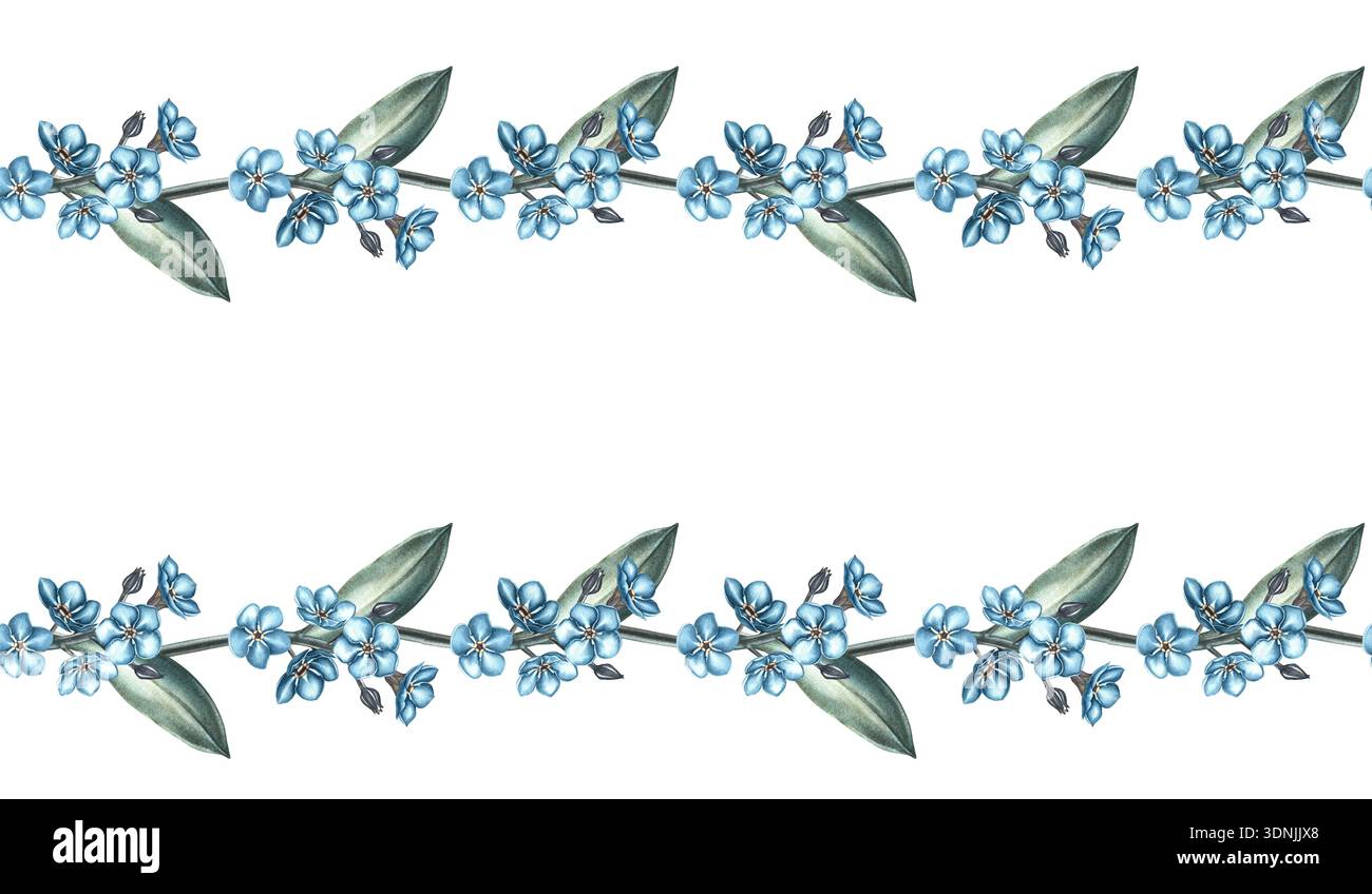 Nahtloser Rand mit vergessenen Blumen. Handgezeichnete Aquarellillustration. Für Textilien, Drucke, Geschenkpapier, Servietten, Tischdecken, und vieles mehr. Stockfoto