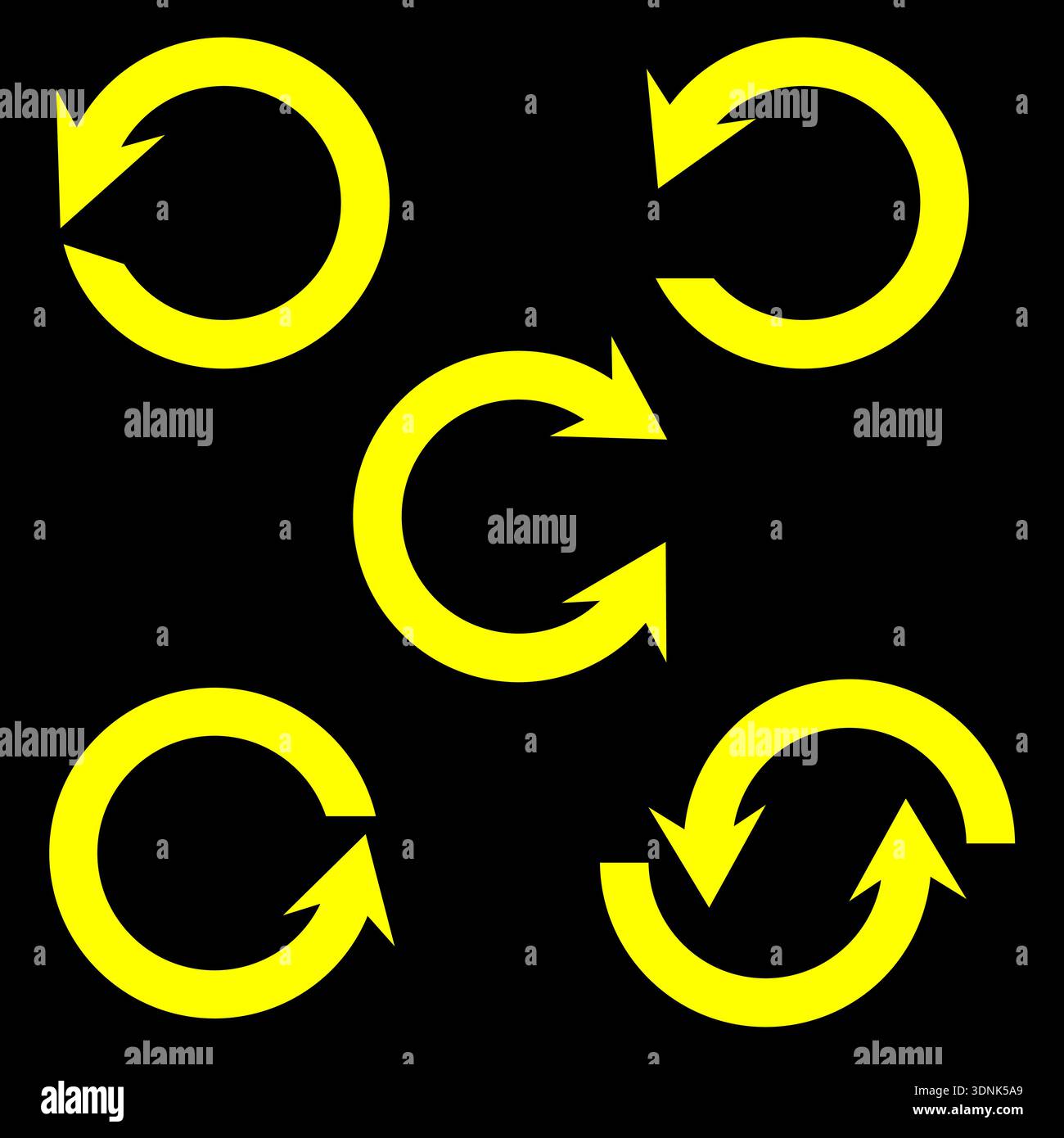 Leuchtend gelbe Aktualisierungssymbole. Zirkularisierende Bewegungssymbolik. Abbildung des verfestigten Vektors. Dynamische Prozesselemente. Stock Vektor