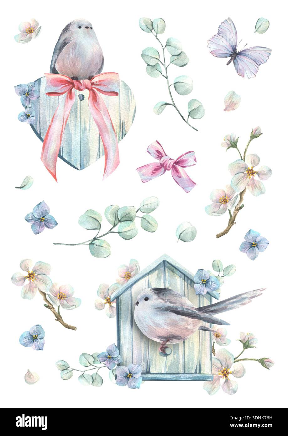 Titmouses mit Holzherzen und Vogelhaus mit Apfelblüten und Eukalyptuszweigen. Handgezeichnete Aquarellillustration. Aufkleberpackung, ein Satz Stockfoto