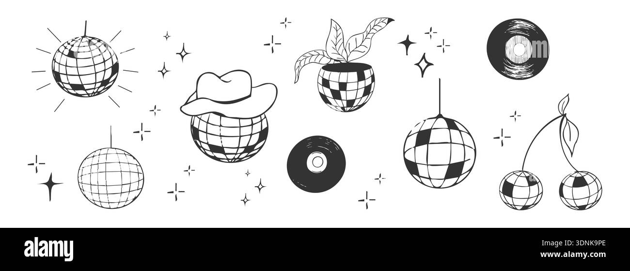 Disco Ball Set, Skizze y2k Linie Tattoo kreativ. Retro Doodle Party handgezeichnete Dekoration. Musik, Party und Vintage. Vektorabbildung Stock Vektor