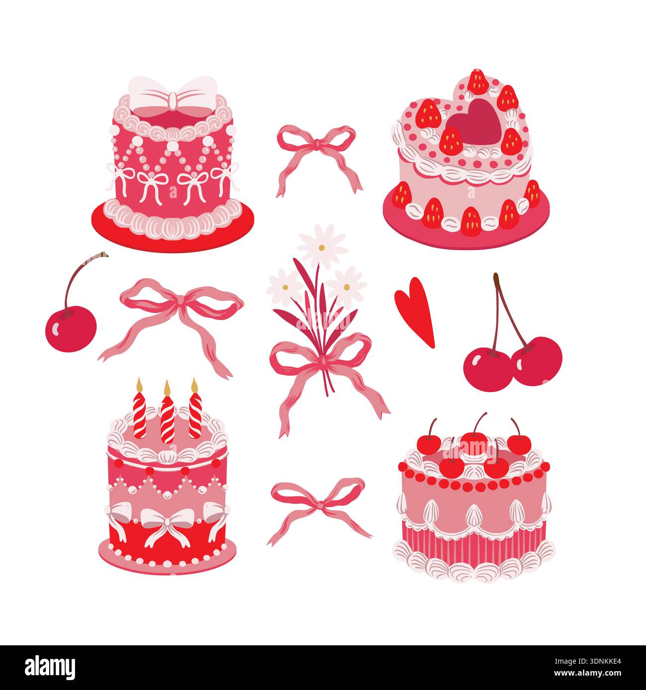 Nette Kuchen Illustration Set mit Kirschen Bögen Herzen Blumen isolierte Vektor Dessert Elemente Stock Vektor