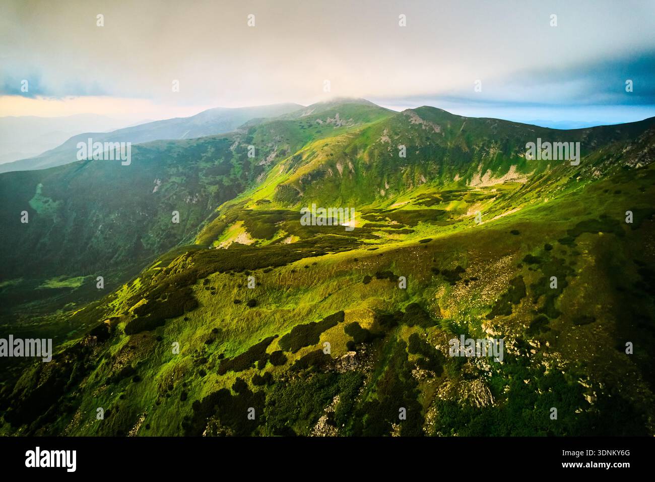 Atemberaubender Blick aus der Luft auf grüne, zerklüftete Berggipfel unter dramatischem Himmel. Die Szene fängt den Kontrast zwischen lebhafter Landschaft und stimmungsvollen Wolken ein, wobei Sonnenlicht durchbricht. Karpaten, Chornogora Stockfoto
