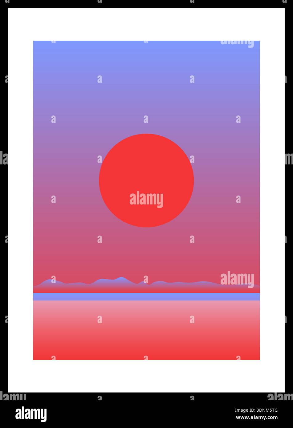 Abstraktes Landschaftsposter mit roter Sonne über dem Feld bei Sonnenuntergang. Stock Vektor