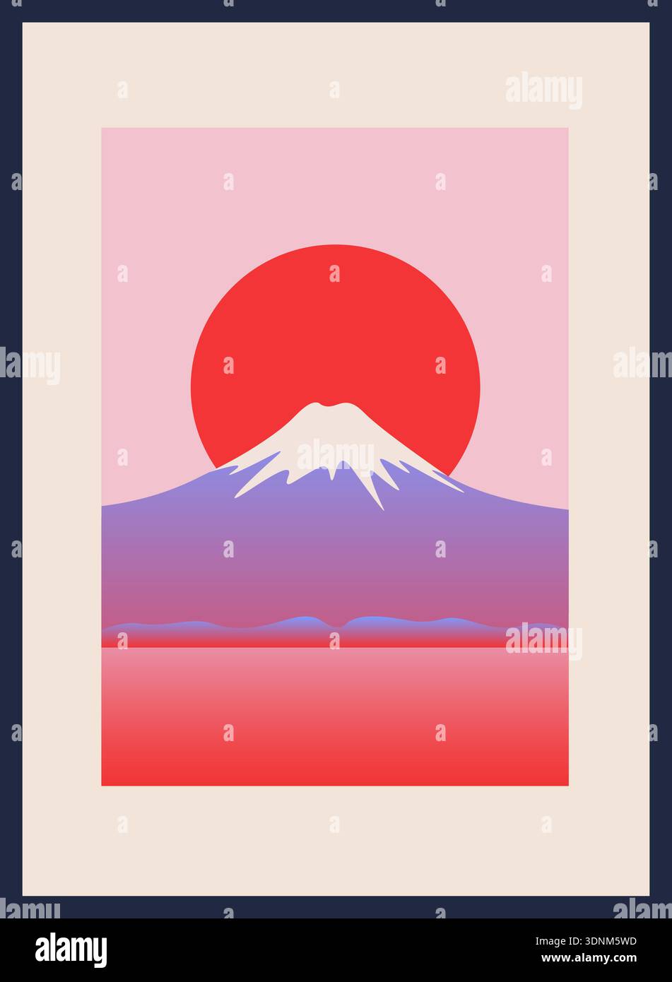 Abstrakte Fuji-Landschaft mit roter Sonne und Pastellgradienten, modernes japanisches ästhetisches Vektorplakat-Design. Stock Vektor