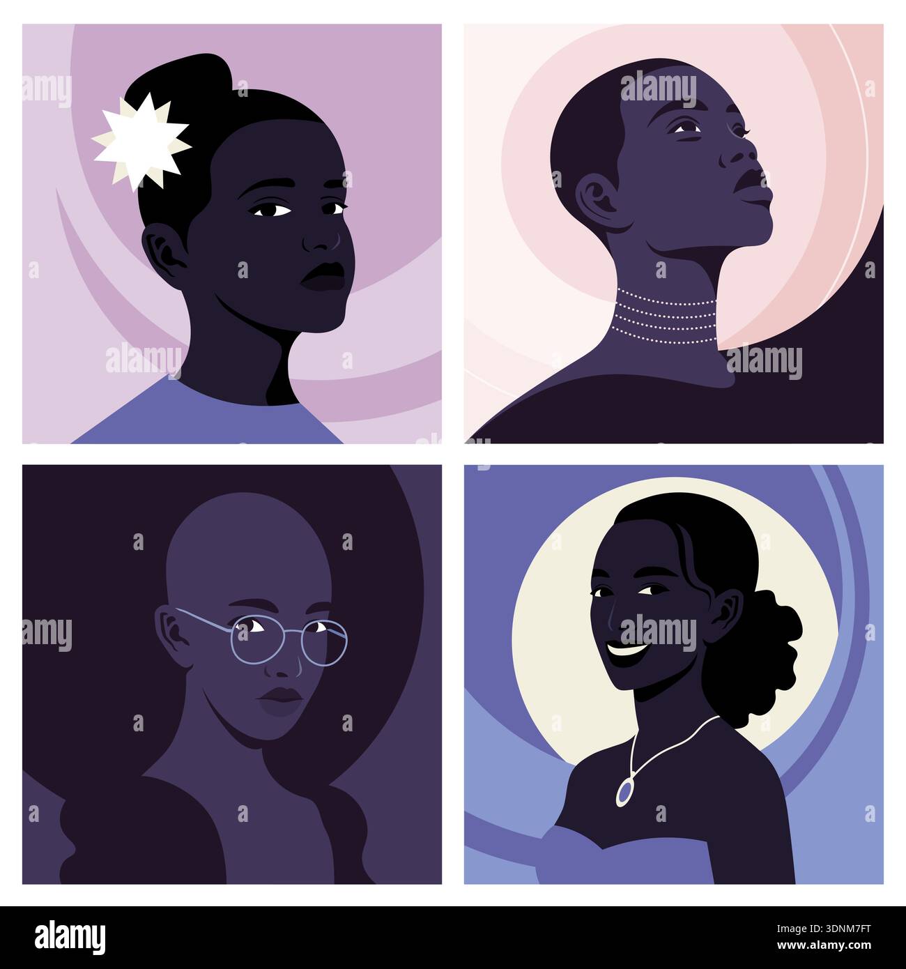 Set afrikanischer Frauenporträts in Halbdrehung, diverse Avatare für soziale Medien im flachen Vektor-Illustrationsstil. Stock Vektor
