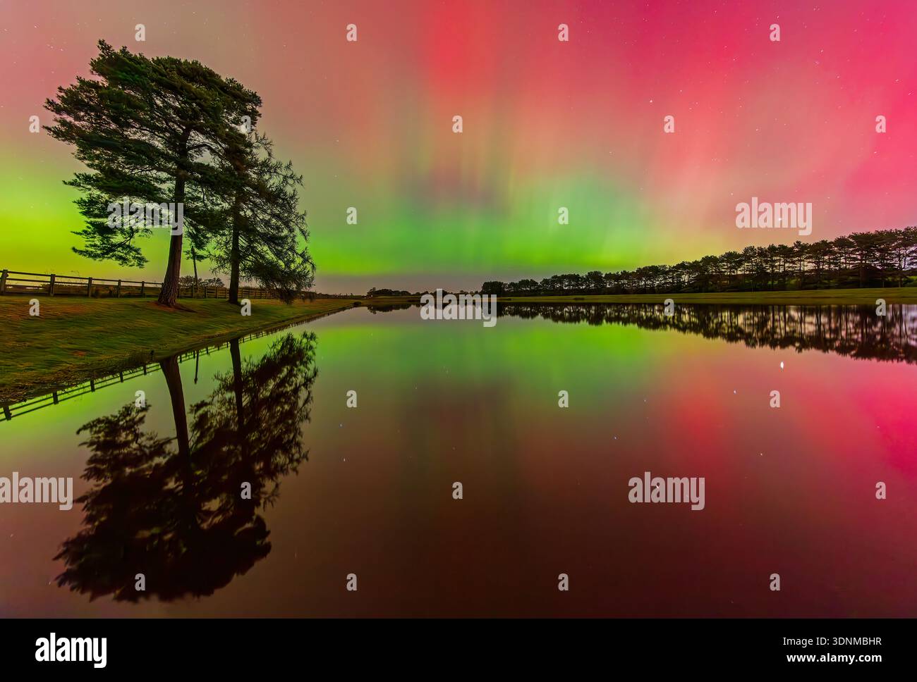 Ein Blick im Herbst bei Nacht auf das Whittle Dene Reservoir in Northumberland mit den Nordlichtern (Aurora Borealis), die im Hintergrund tanzt Stockfoto