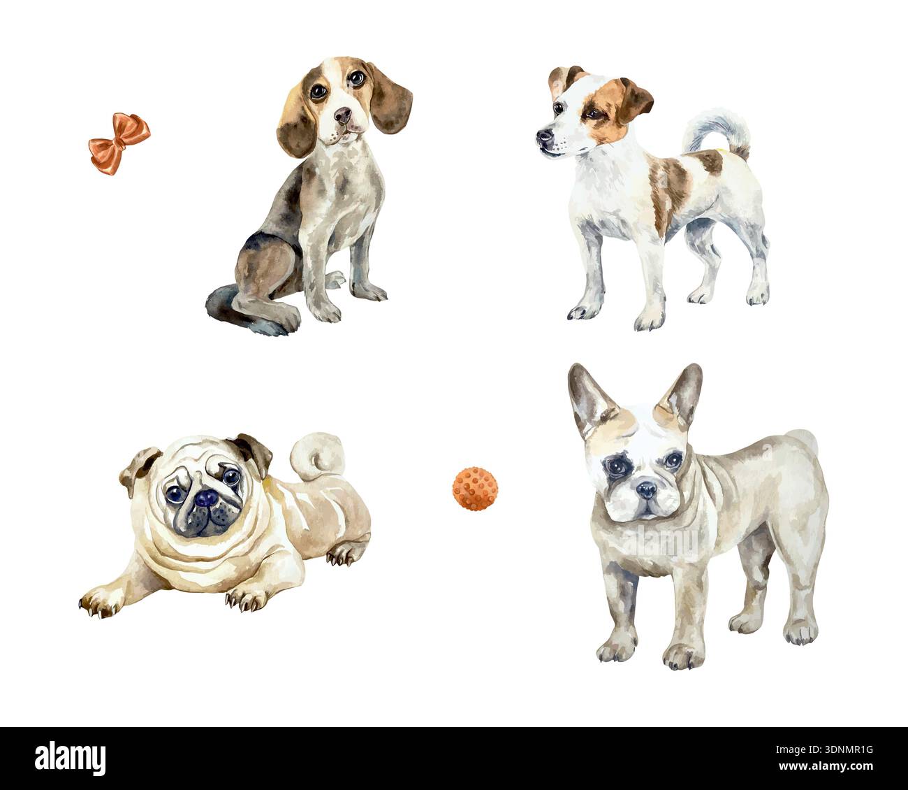 Hundeset, Mops, Beagle, Jack Russell Terrier, französische Bulldogge. Handgezeichnete Aquarellillustration. Vektor-Clip-Art für Postkarten, Lebensmitteletiketten und Spielzeug Stock Vektor