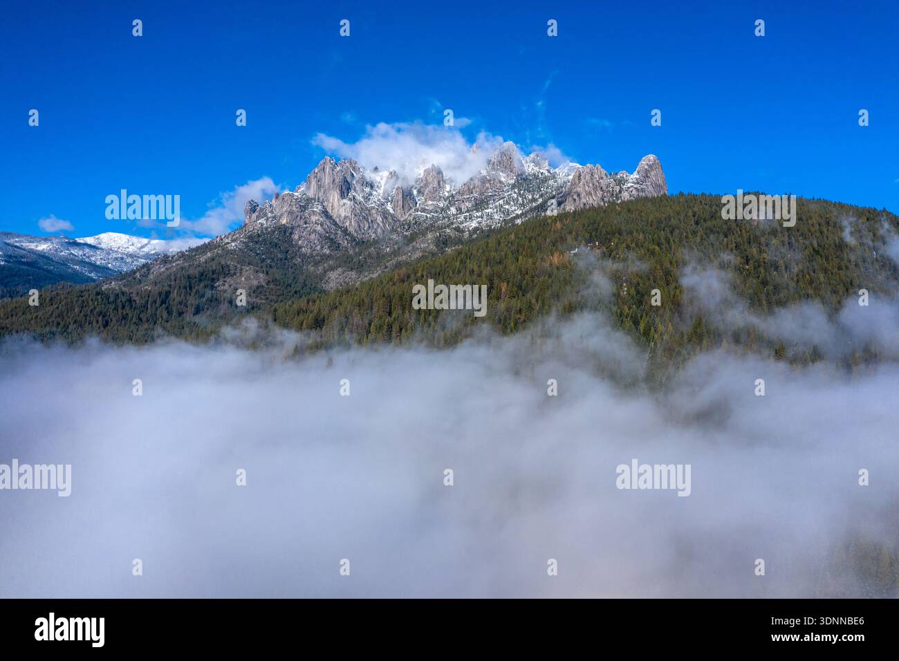 Aus der Vogelperspektive auf den schneebedeckten Mount Shasta, der über den Kiefernwäldern des nordkalifornischen Siskiyou County ragt. Der ruhende Stratovulkan... Stockfoto