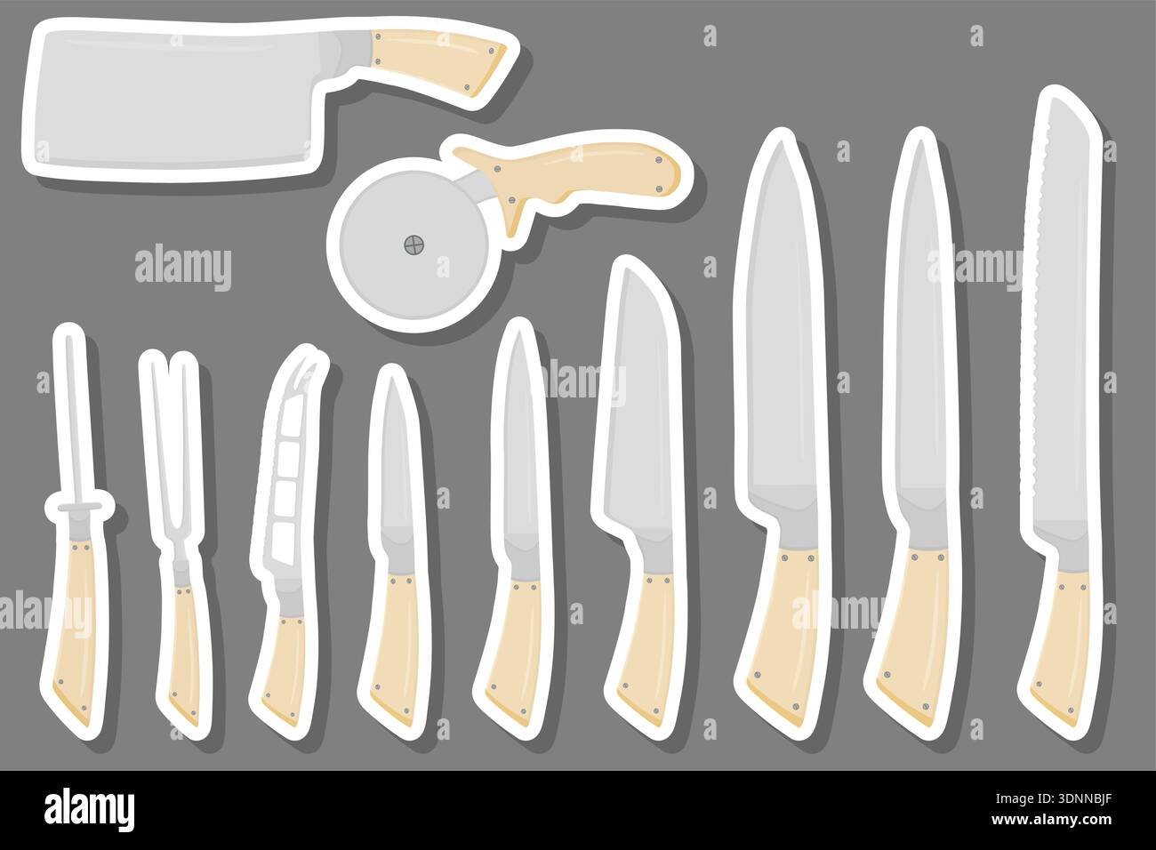 Illustration zum Thema großes farbiges Set verschiedene Arten Messer unterschiedliche Größe für Metzger, Kit-Messermuster bestehend aus Sammlungszubehör für die Metzgerei Stock Vektor