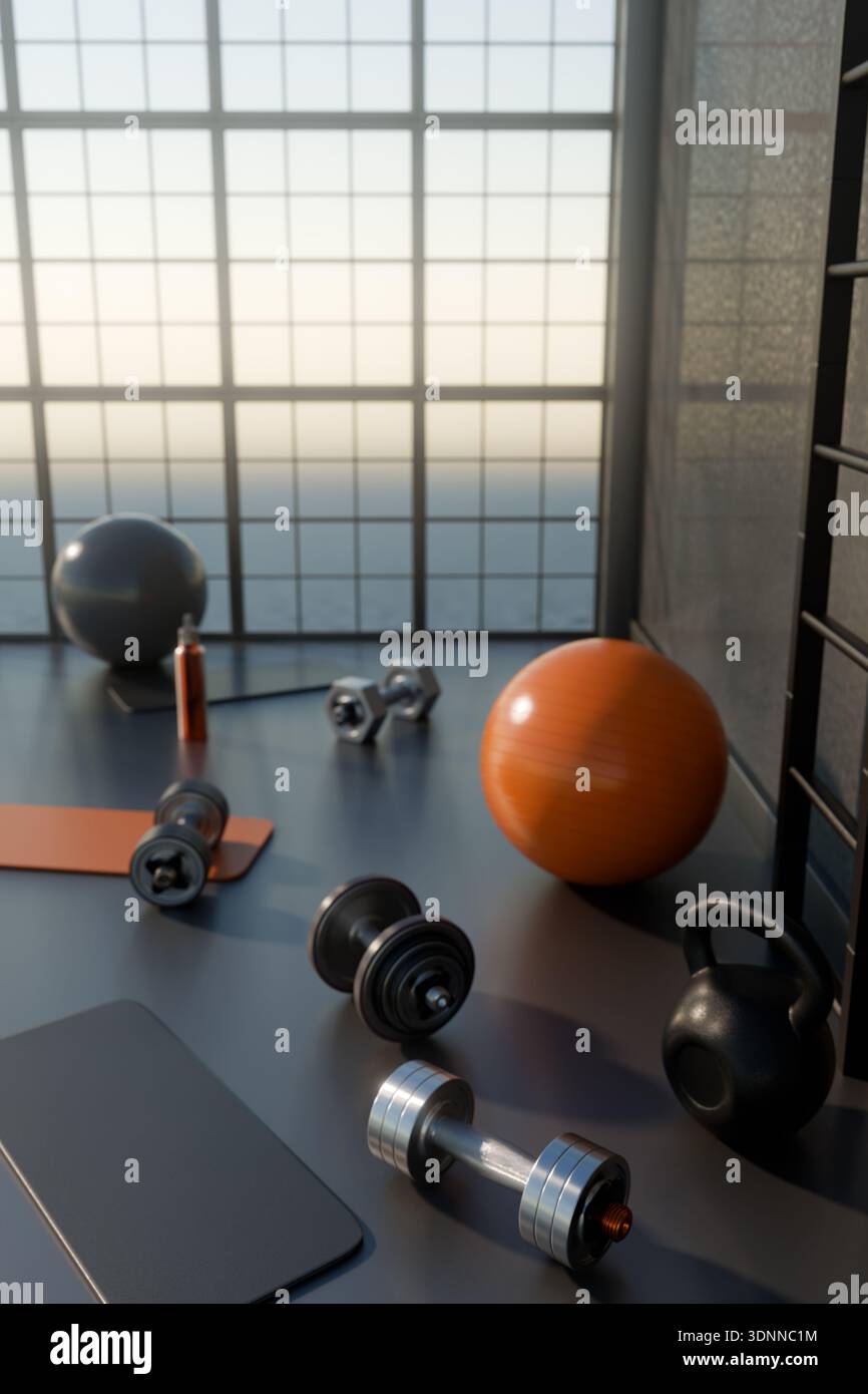 Modernes Fitnessstudio mit Sportausrüstung und Panoramafenster bei Sonnenuntergang. 3D-Rendering Stockfoto