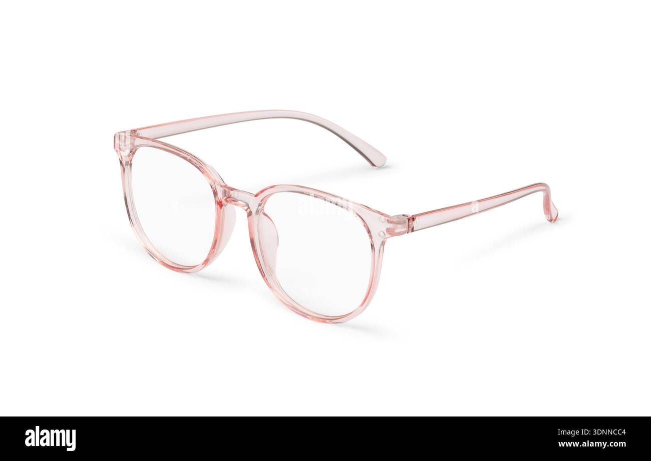 Moderne Brille in klarem Pink mit rundem Rahmen zur Korrektur des Sehvermögens. Trendiges Brillenaccessoire für Damen und Jugendliche, isoliert auf weißem Hintergrund. Elega Stockfoto