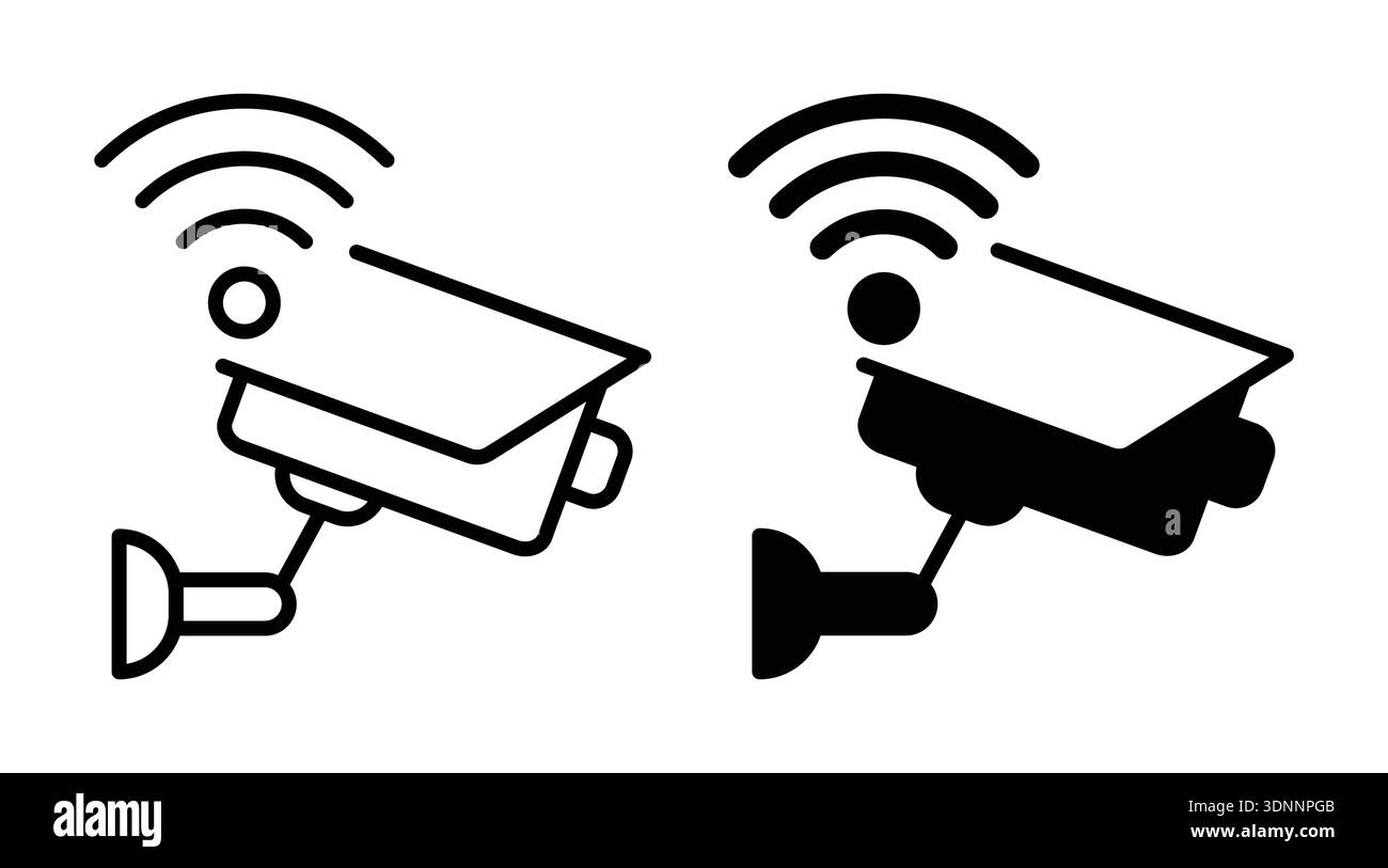 Ein vielseitiger Satz von Monochrom-Sicherheitskamerasymbolen mit Wi-Fi-Signalen. Ideal für den Einsatz in Technologie-, Sicherheits- oder Überwachungsprojekten. Stock Vektor