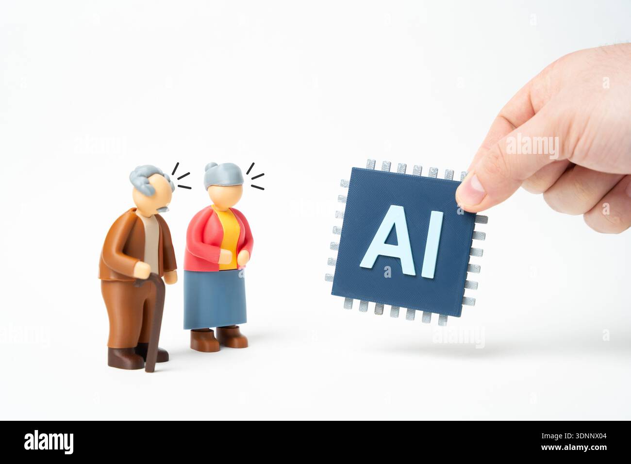 Ältere Menschen sehen sich der weit verbreiteten Einführung von KI gegenüber. Schwierigkeiten bei der Unterscheidung neurogenerativer Inhalte von der Realität. Digitale Kompetenz hel Stockfoto