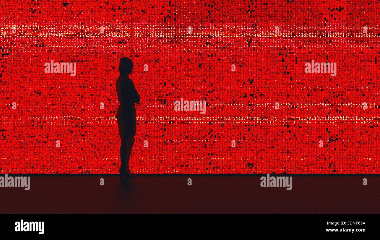 Eine Frau steht vor einem großen digitalen Bildschirm mit einem lebendigen Display, das sich auf künstliche Intelligenz und Technologie bezieht. Stockfoto